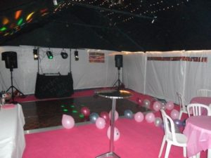 Marquee with full disco rig with pink cord carpet and dance floor